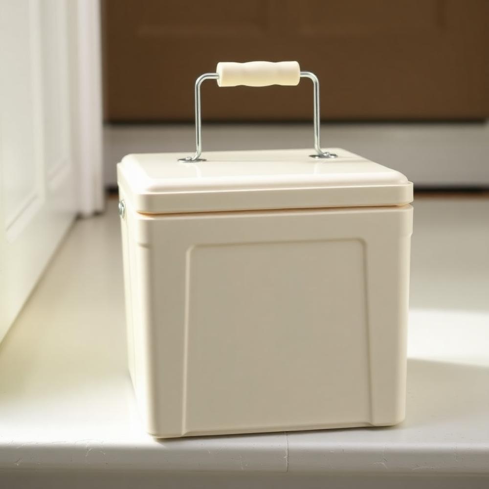 Cream insulated milk cool box with a metal carry handle on a doorstep