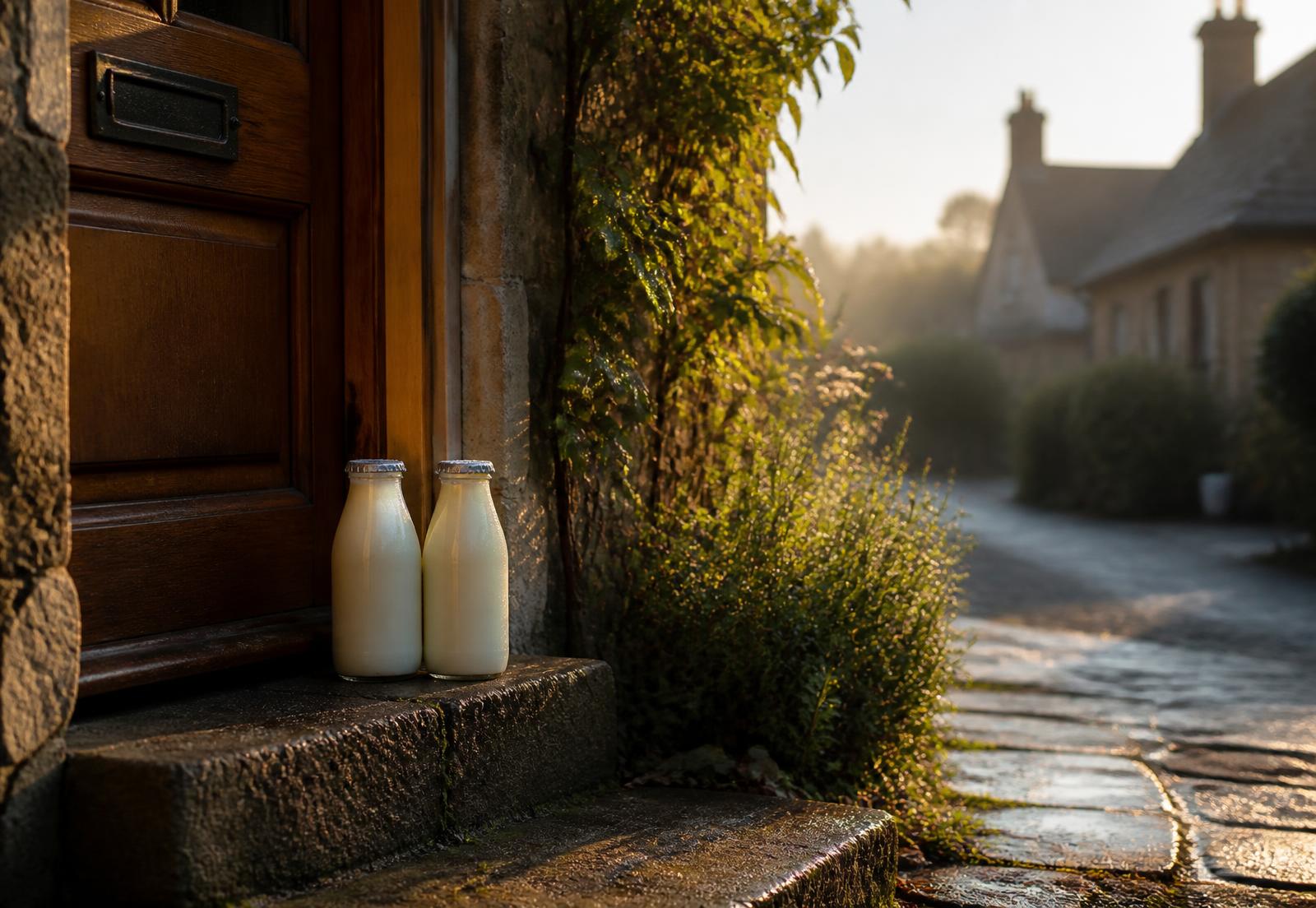 Two glass bottles of fresh milk on a village doorstep at sunrise