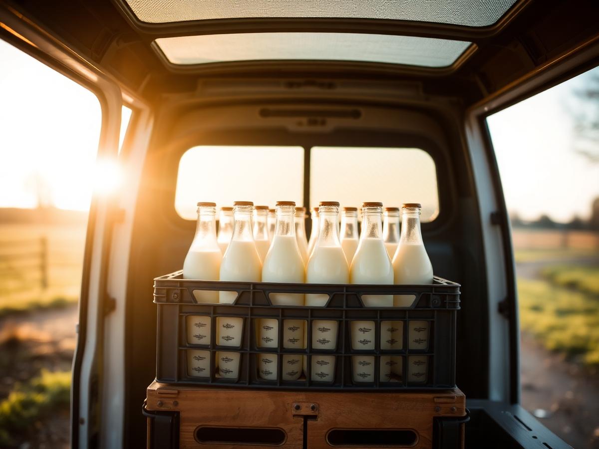 A crate of glass milk bottles in the back of the delivery van at dawn