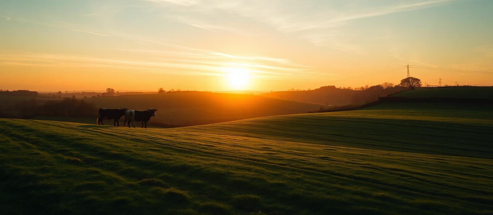 Rolling English pasture at sunrise with cows grazing